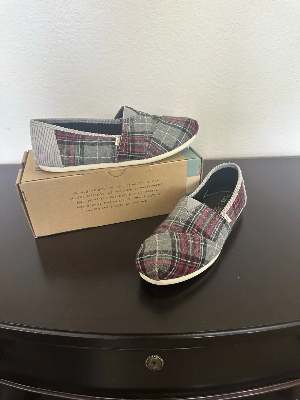 Toms Plaid Grey and Burgundy Slip-On Flats